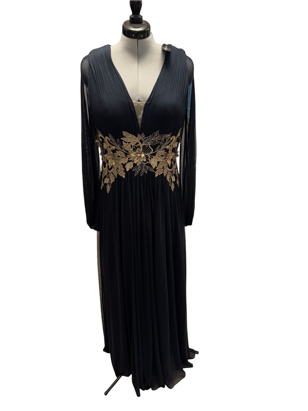 NWT Betsy & Adam Blue Maxi Gown with Gold Floral Embroidery
